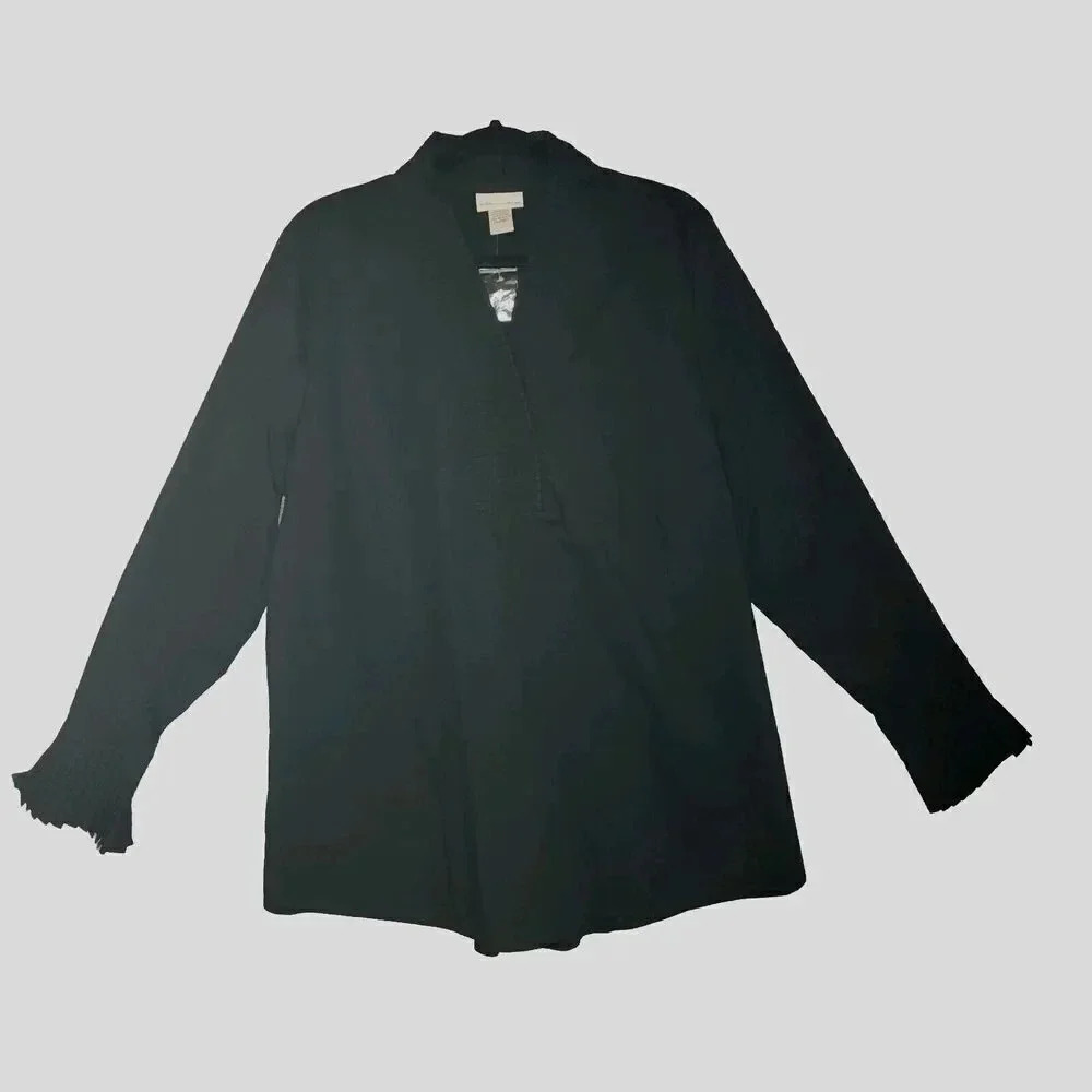 Soft Surrounding Women Black Cotton Neck Full Sleeves V-Neck Pleated Top Size 2X